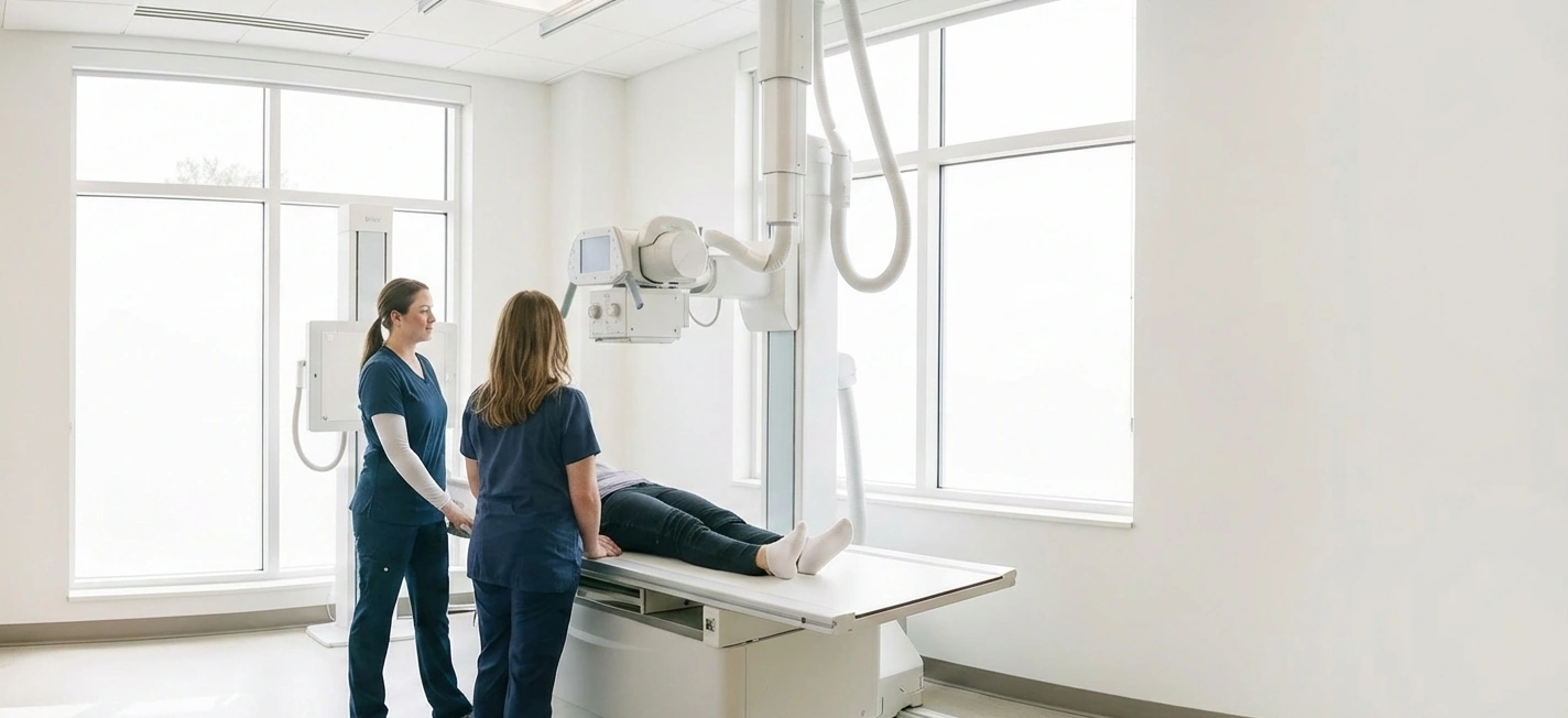 Patientin bei der Vorbereitung zum Röntgen